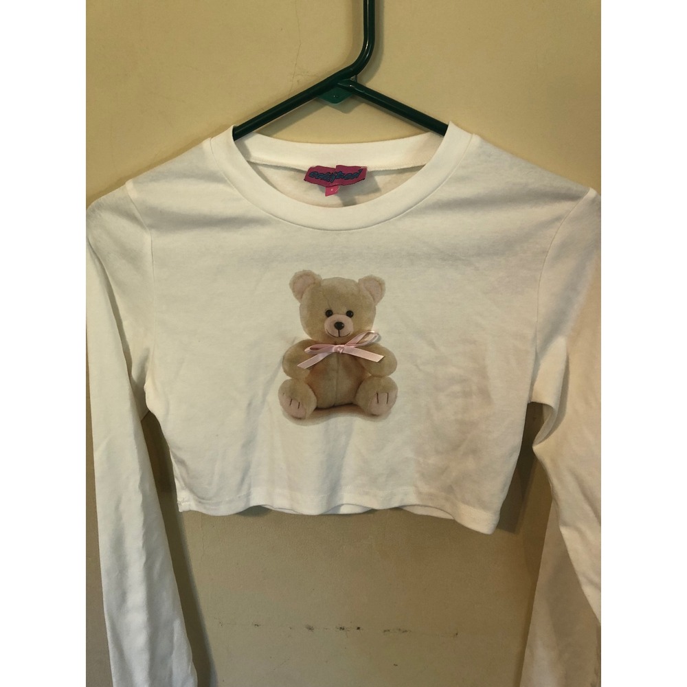Edikted Teddy Bear Bow Graphic Crop Top White Long Sleeve Crew Neck Small